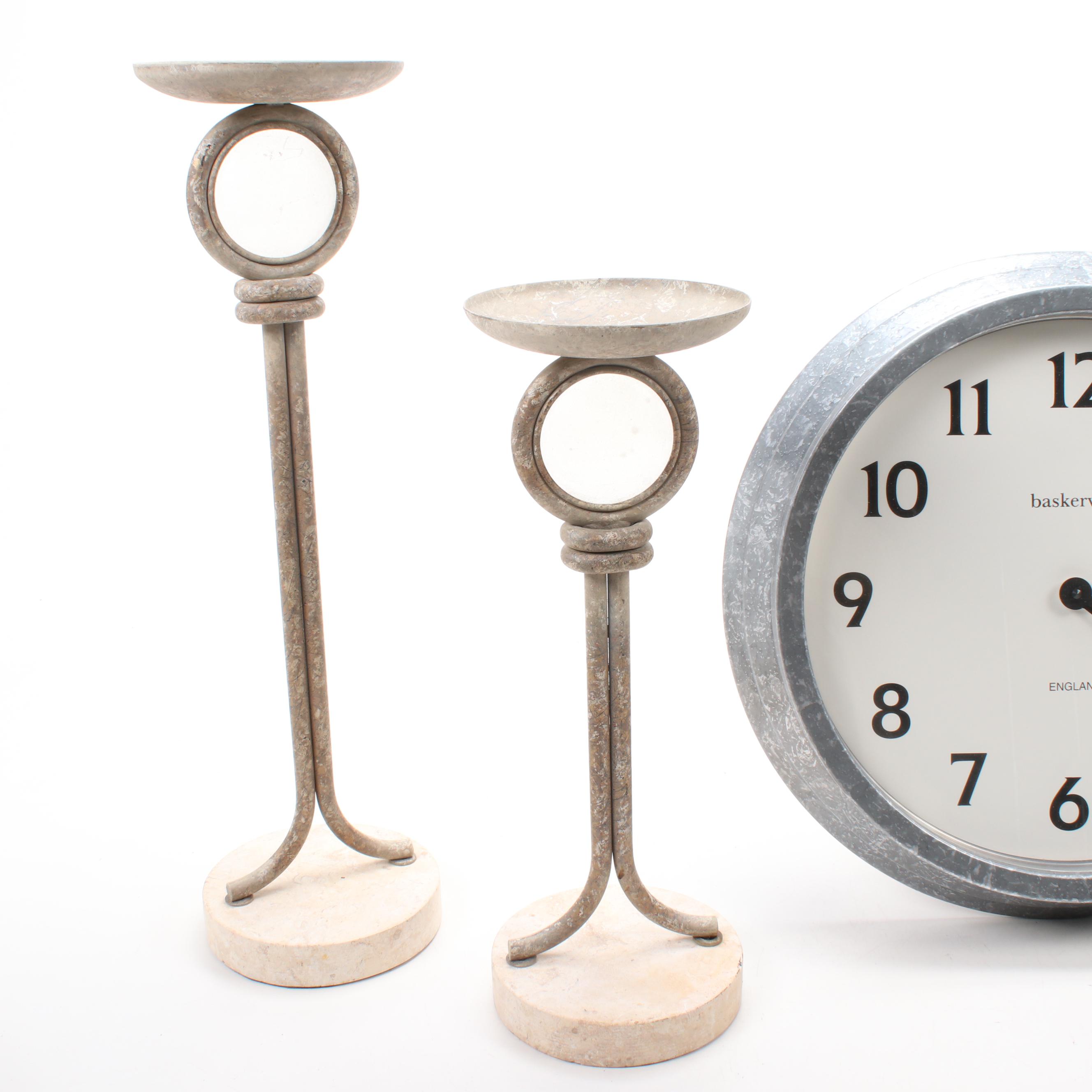 Baskerville Distressed Metal Wall Clock and Mediterranean-Style Candle Holders