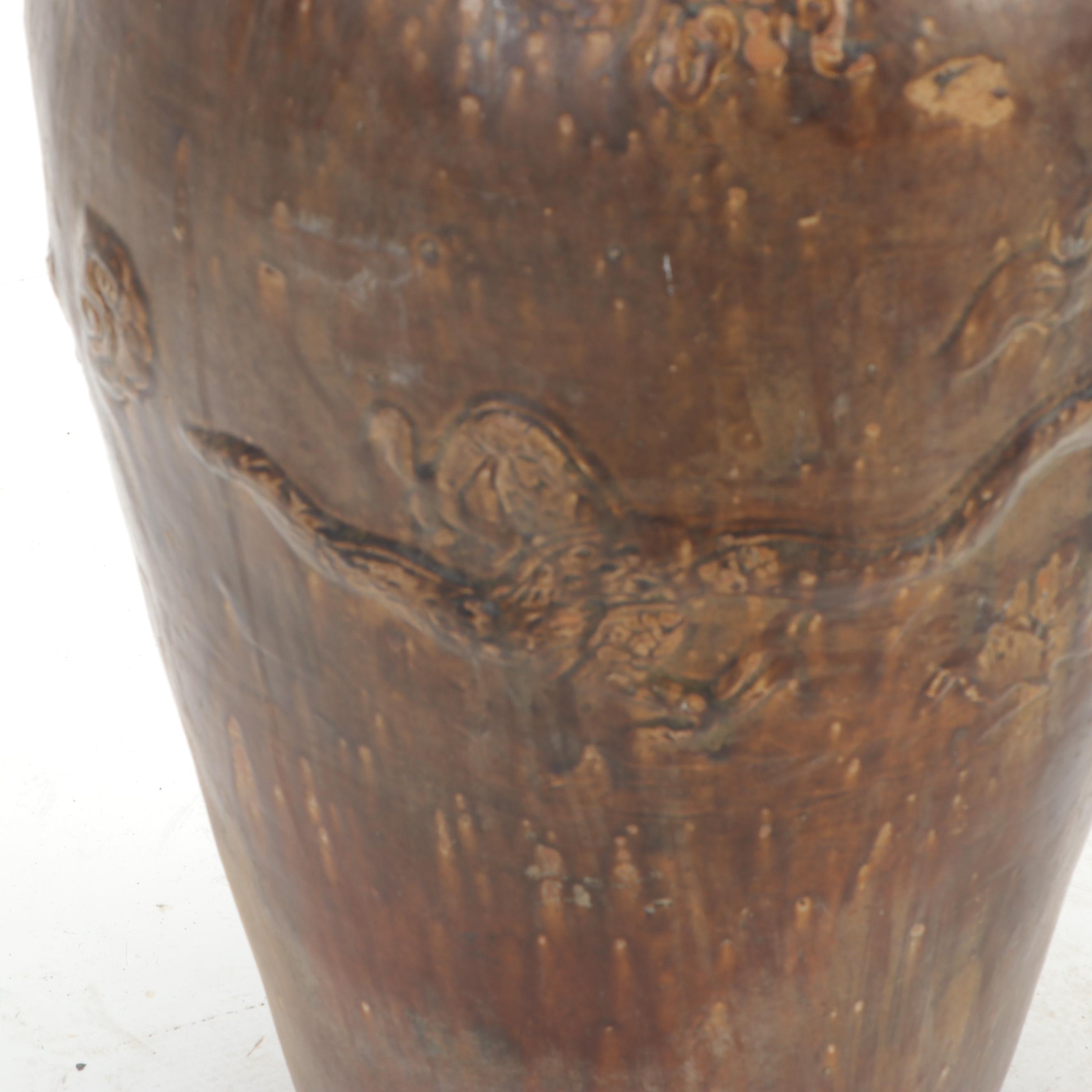 East Asian Monumental Porcelain Storage Jar with Applied Dragon Motifs