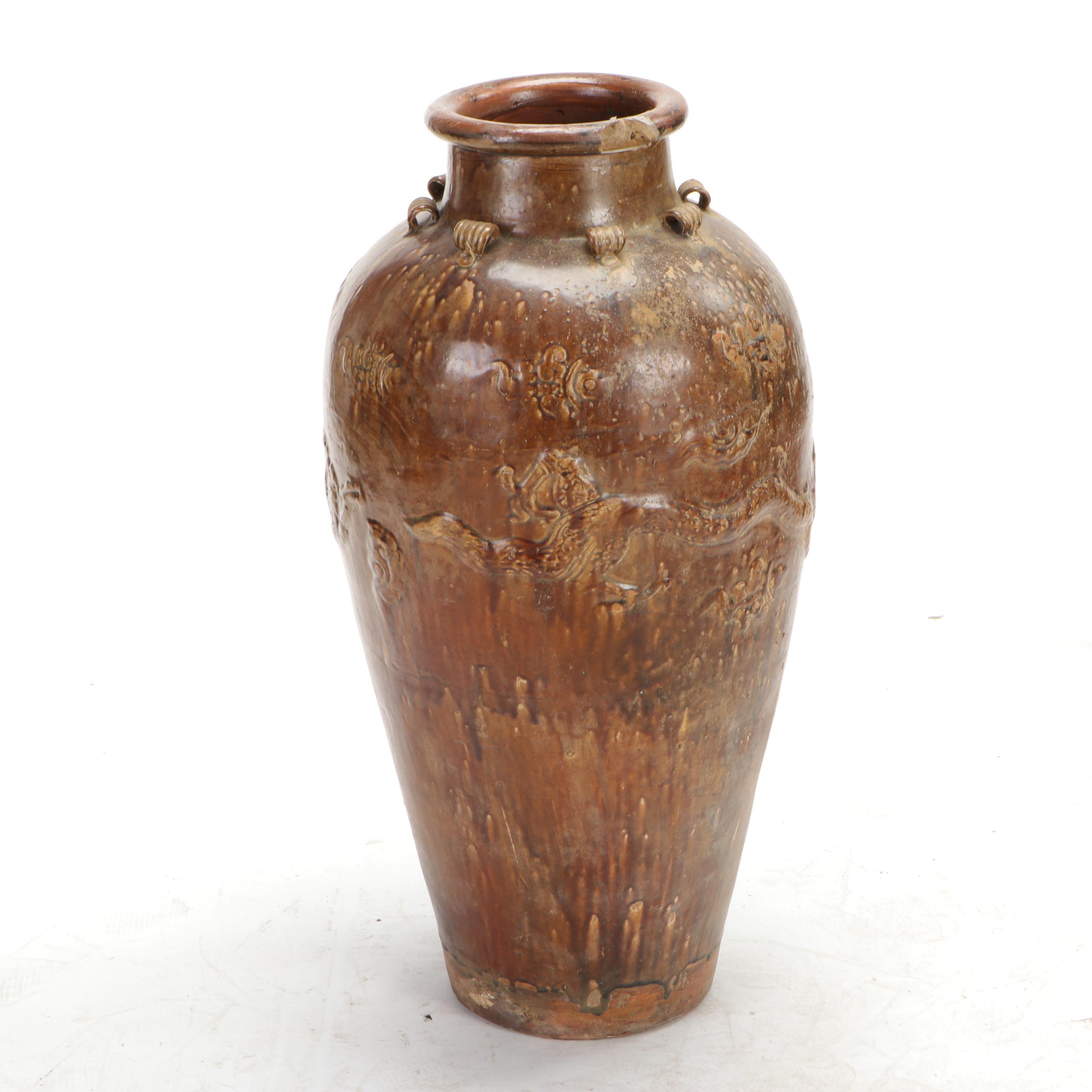 East Asian Monumental Porcelain Storage Jar with Applied Dragon Motifs