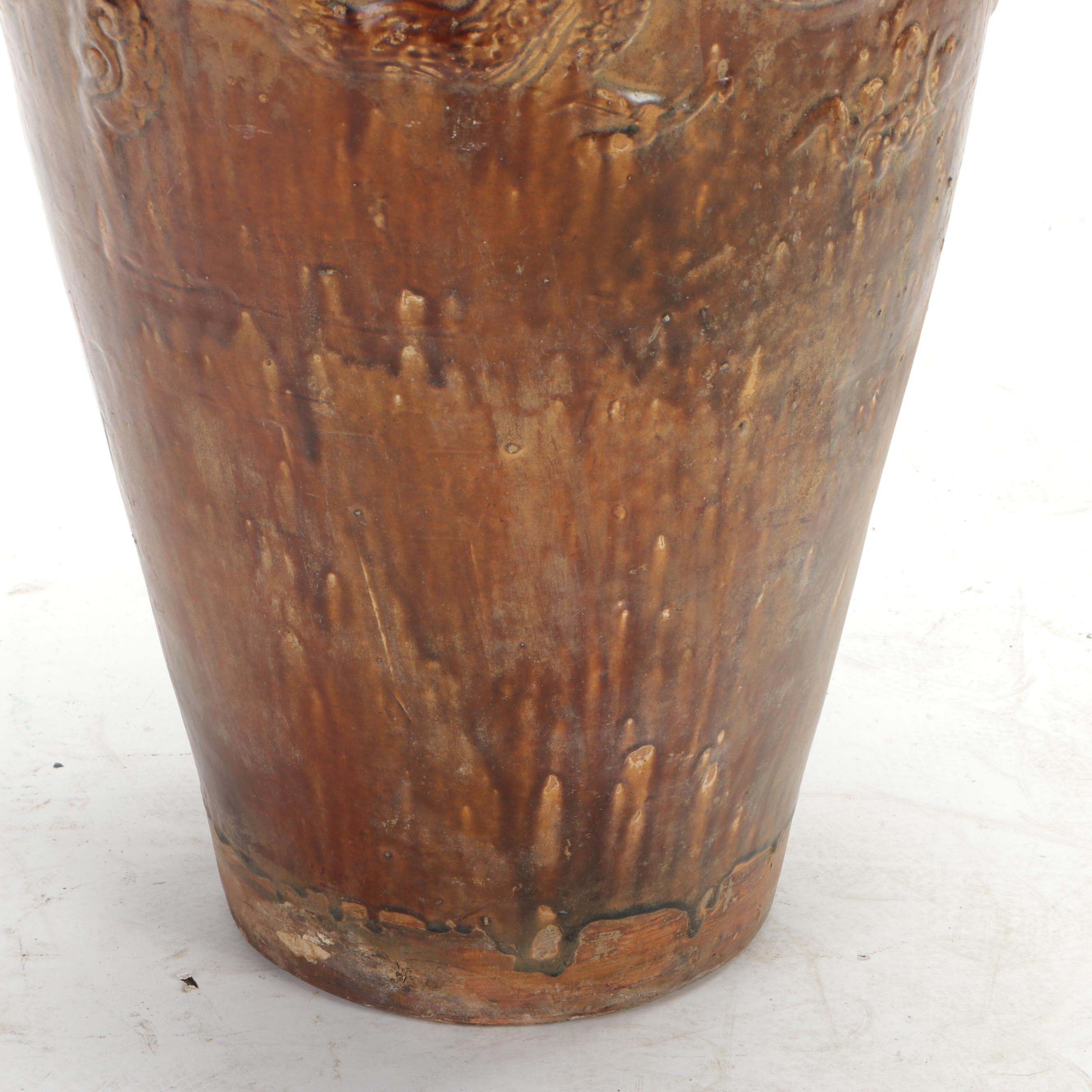 East Asian Monumental Porcelain Storage Jar with Applied Dragon Motifs