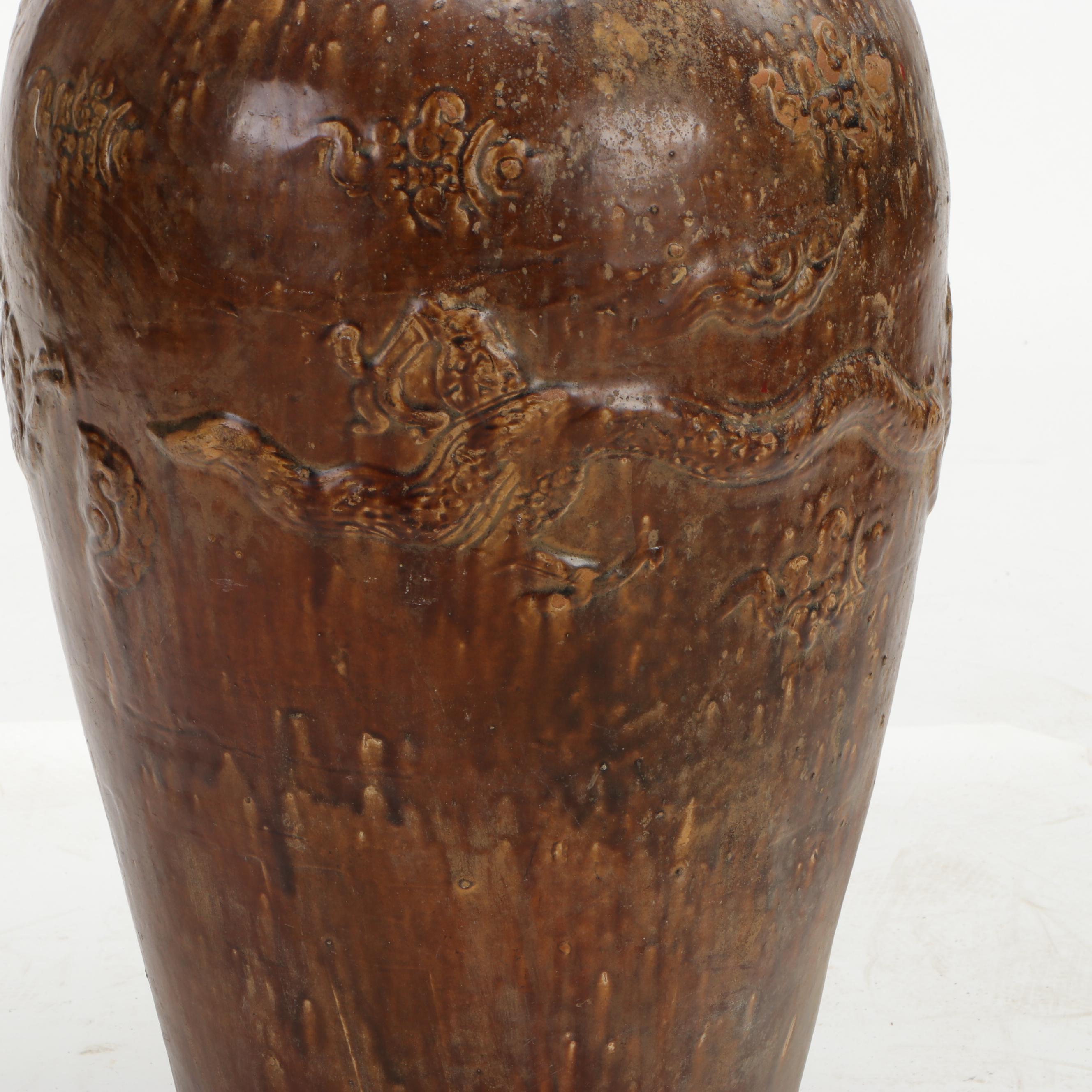 East Asian Monumental Porcelain Storage Jar with Applied Dragon Motifs