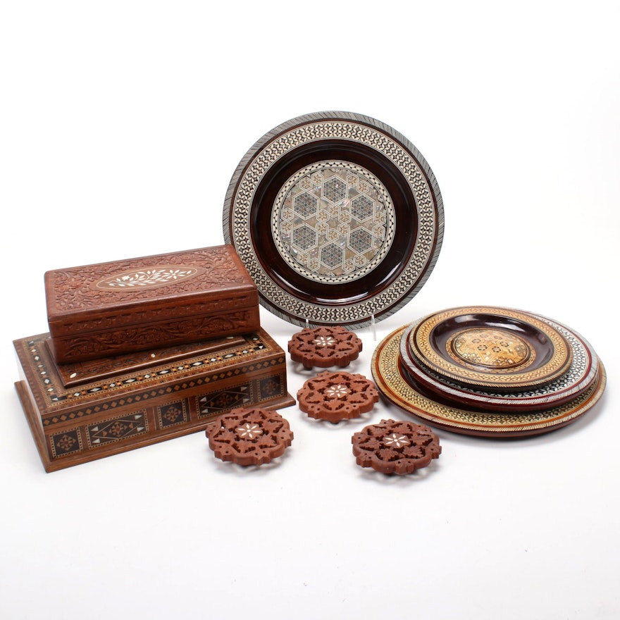 Indian Bone Inlay Boxes, Plates, and Coasters