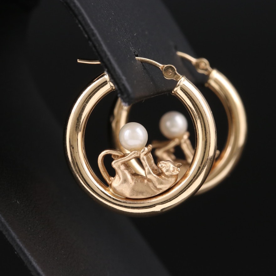 14K Playful Feline Hoop Earrings with Pearl Accents