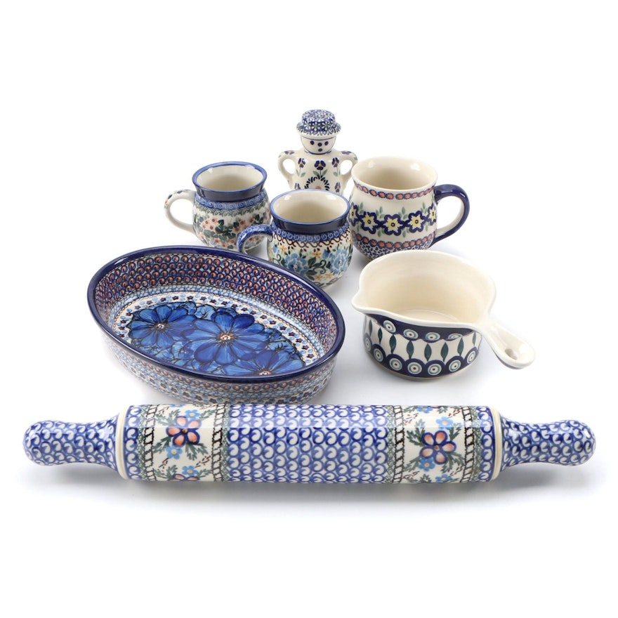 Polish Earthenware Rolling Pin, Mugs, Baking Dish and Other Table Accessories