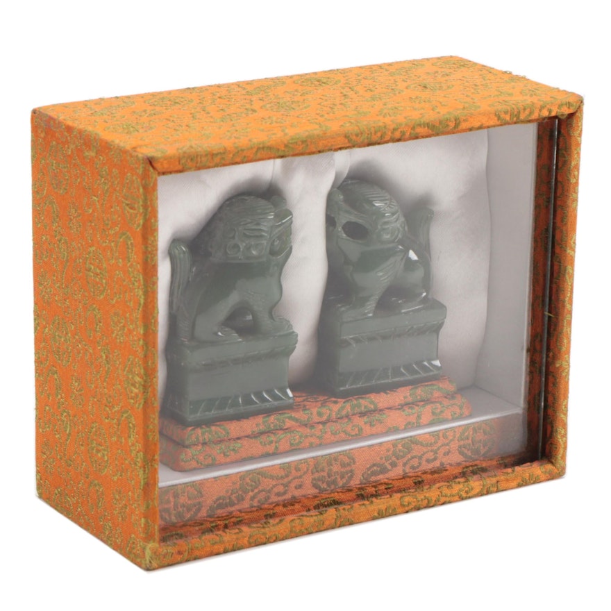 Chinese Carved Nephrite Guardian Lions with Presentation Case