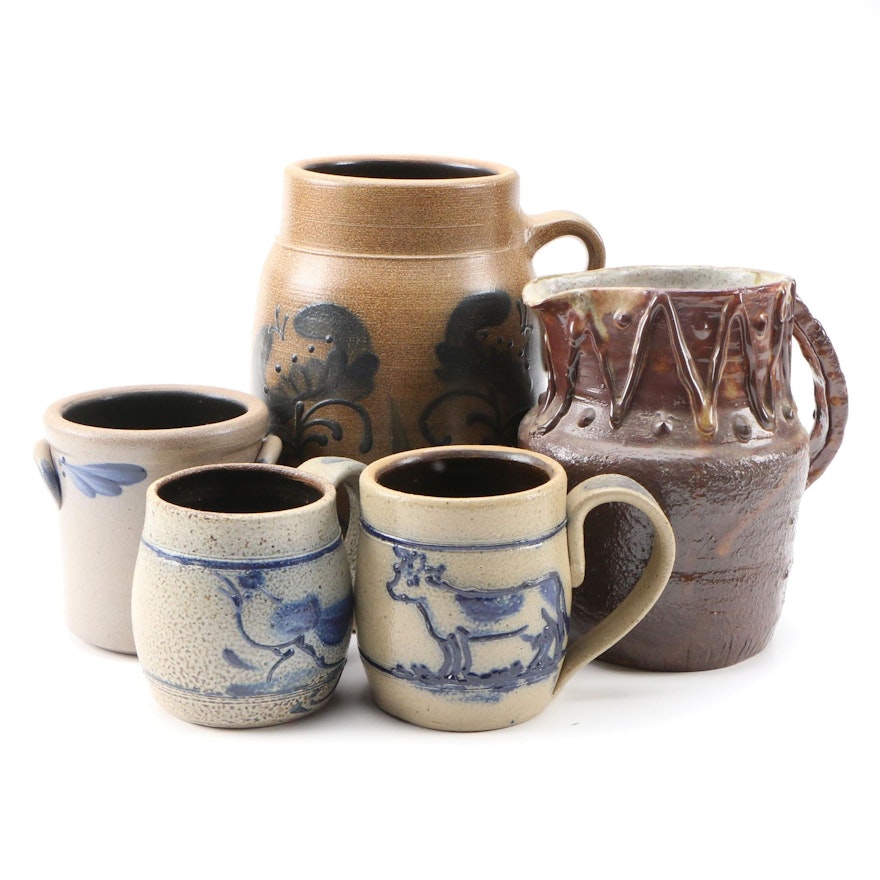 Stoneware Jar, Crock, Pitcher and Mugs