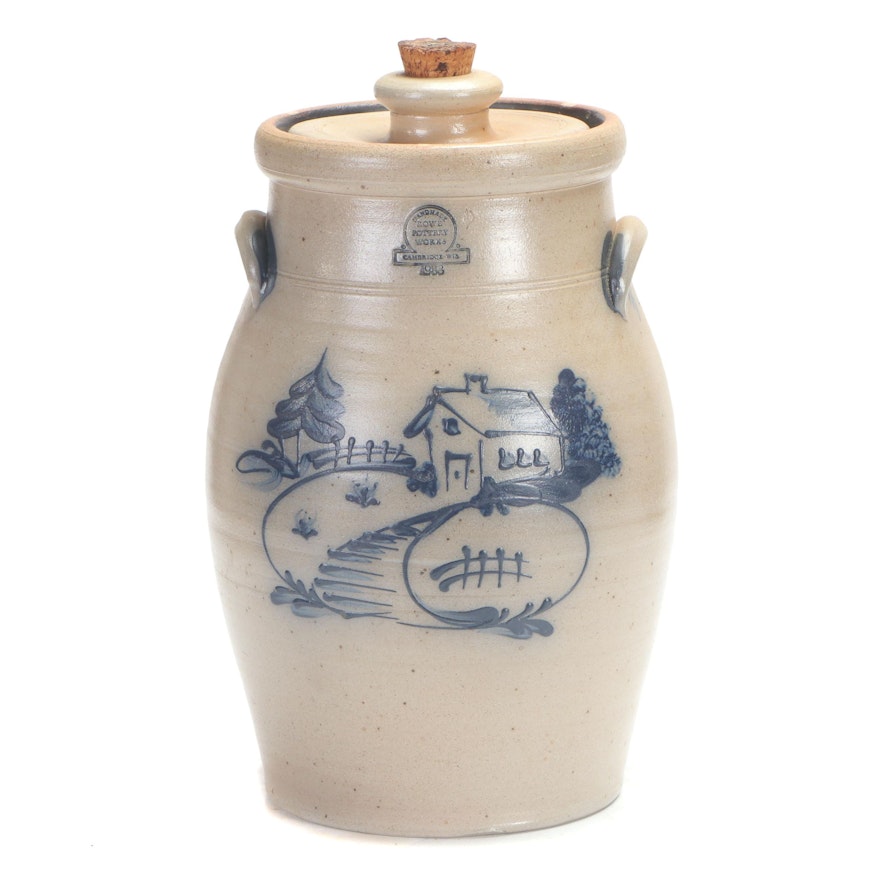 Rowe Pottery Works Salt Glazed Stoneware Beverage Crock, 1988