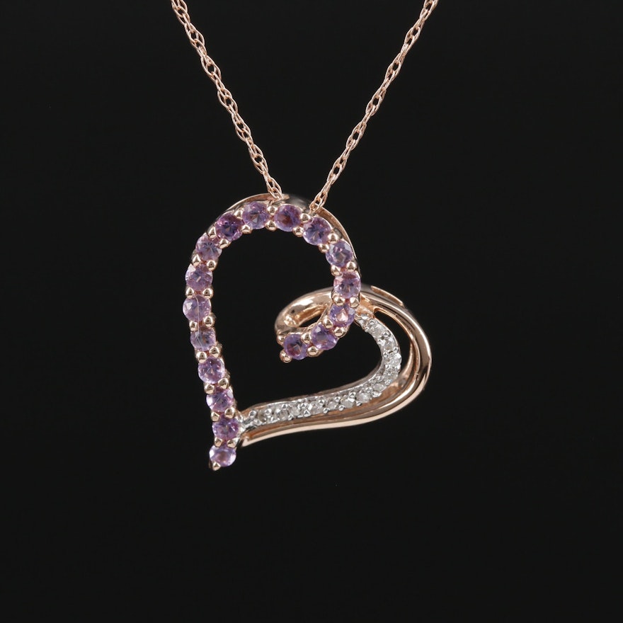 14K Rose Gold Amethyst and Diamond Heart Pendant Necklace