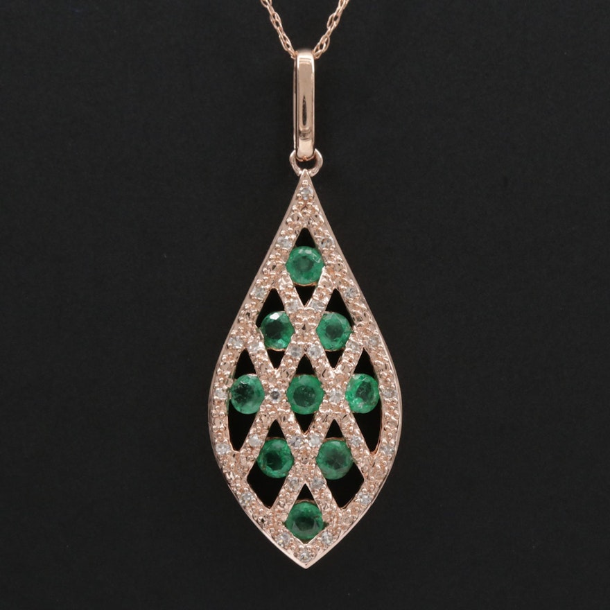 14K Gold Emerald and Diamond Pendant Necklace