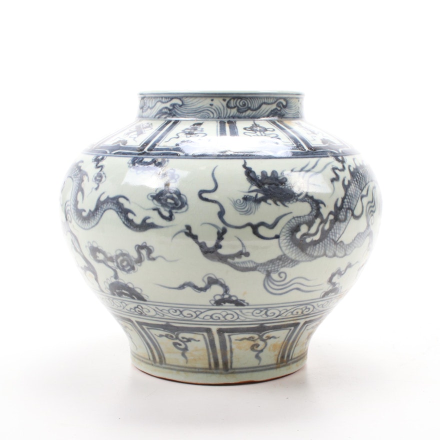 Chinese Hand-Painted Earthenware Planter with Dragon Motif