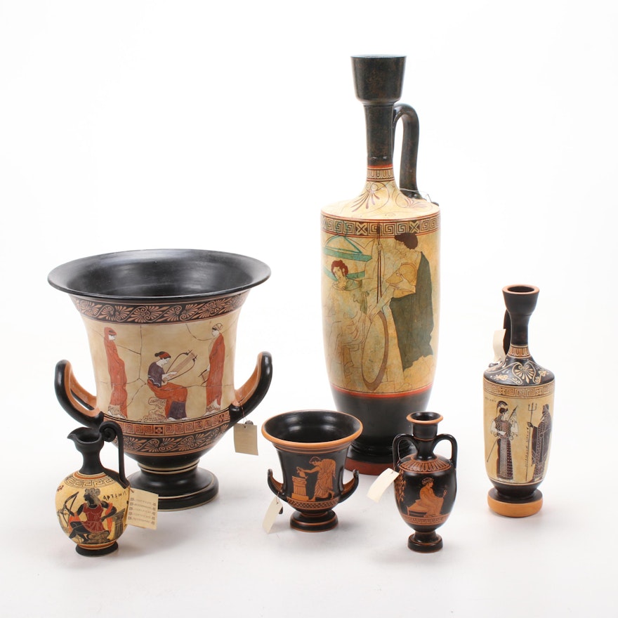 Grecian Replica Pottery Vases, Ewers and Urns