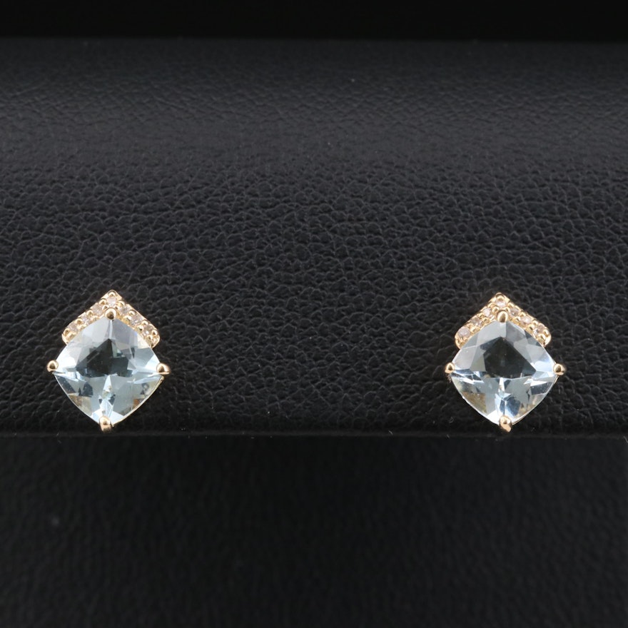 14K Gold Aquamarine and Diamond Stud Earrings