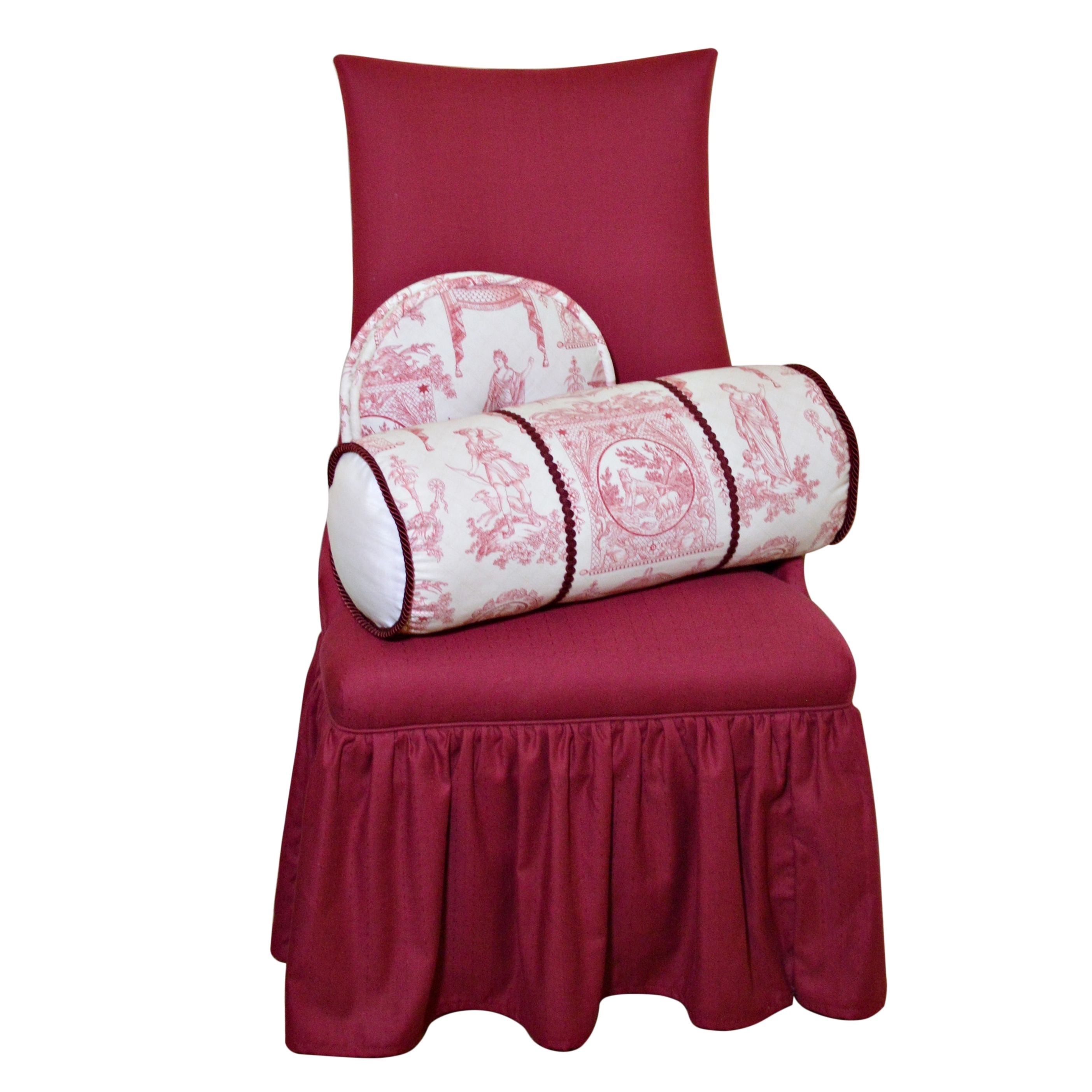 Skirted Accent Chair with Toile Bolster and Accent Pillow