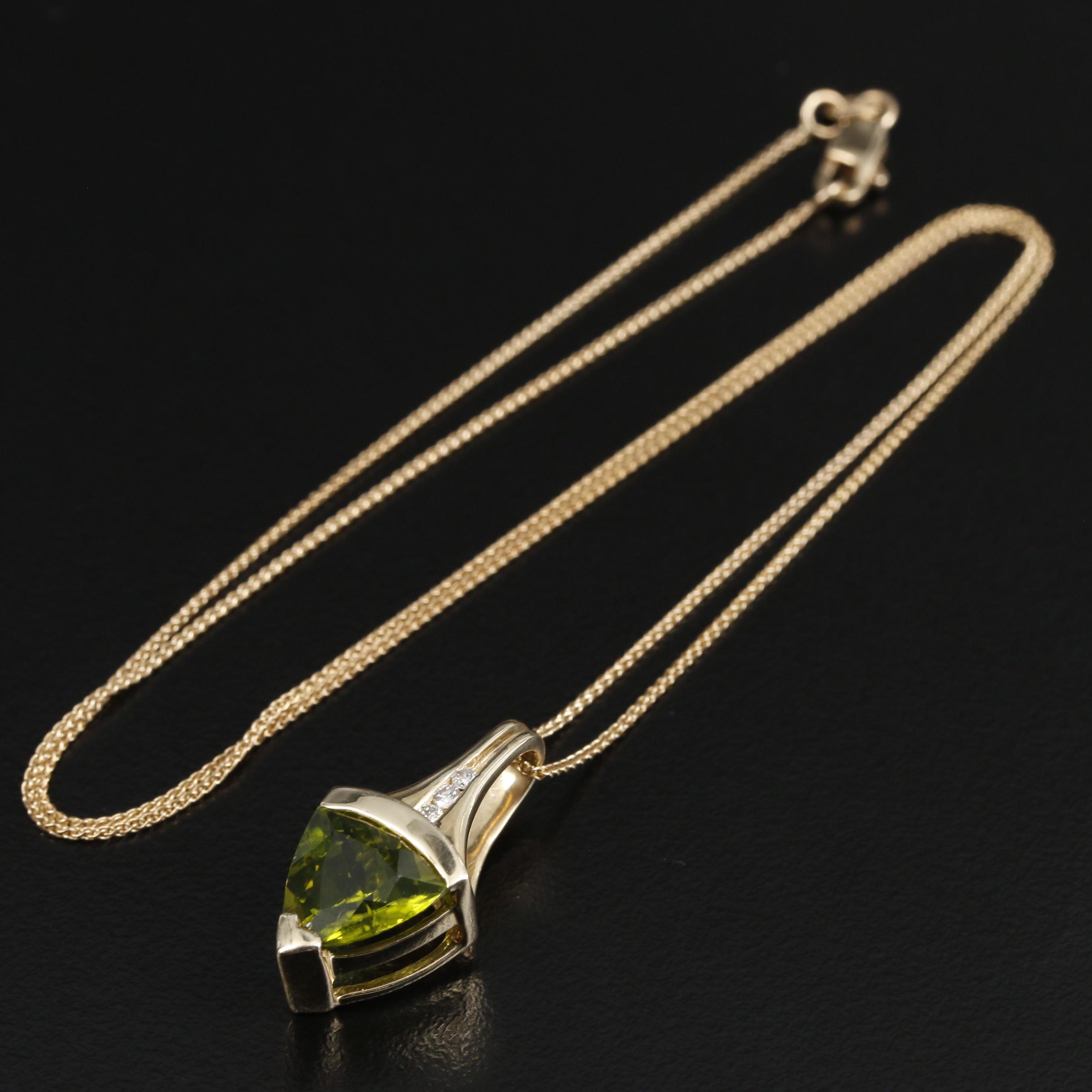 14K Yellow Gold Peridot and Diamond Pendant Necklace