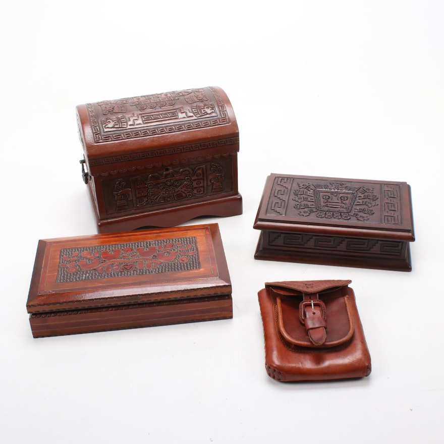 South American Carved and Leather Jewelry Boxes