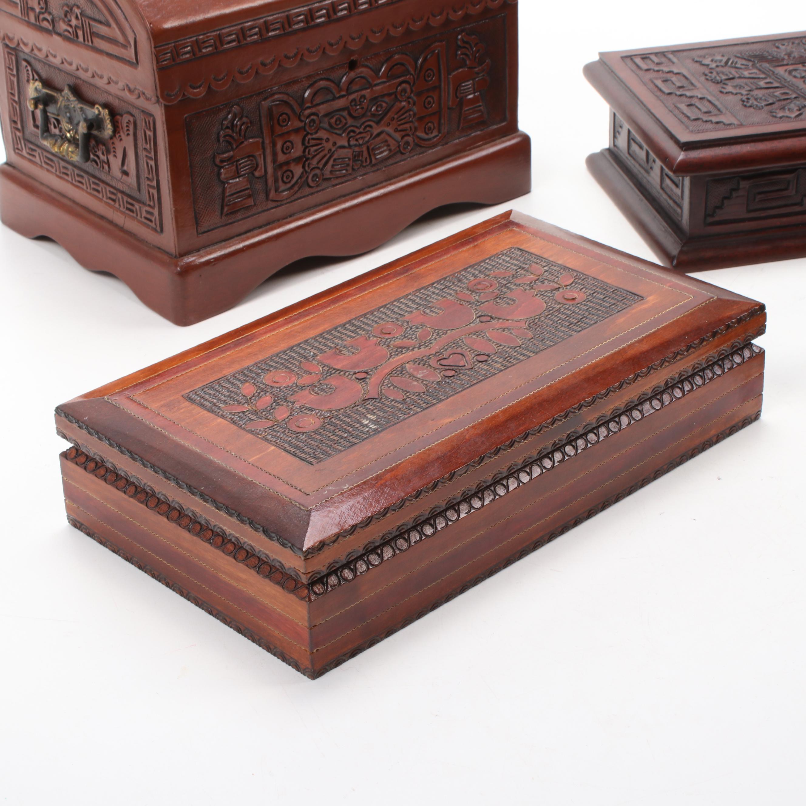 South American Carved and Leather Jewelry Boxes