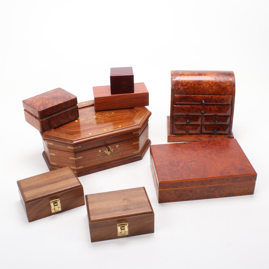 Burl Wood and Brass Inlay Jewelry and Trinket Boxes