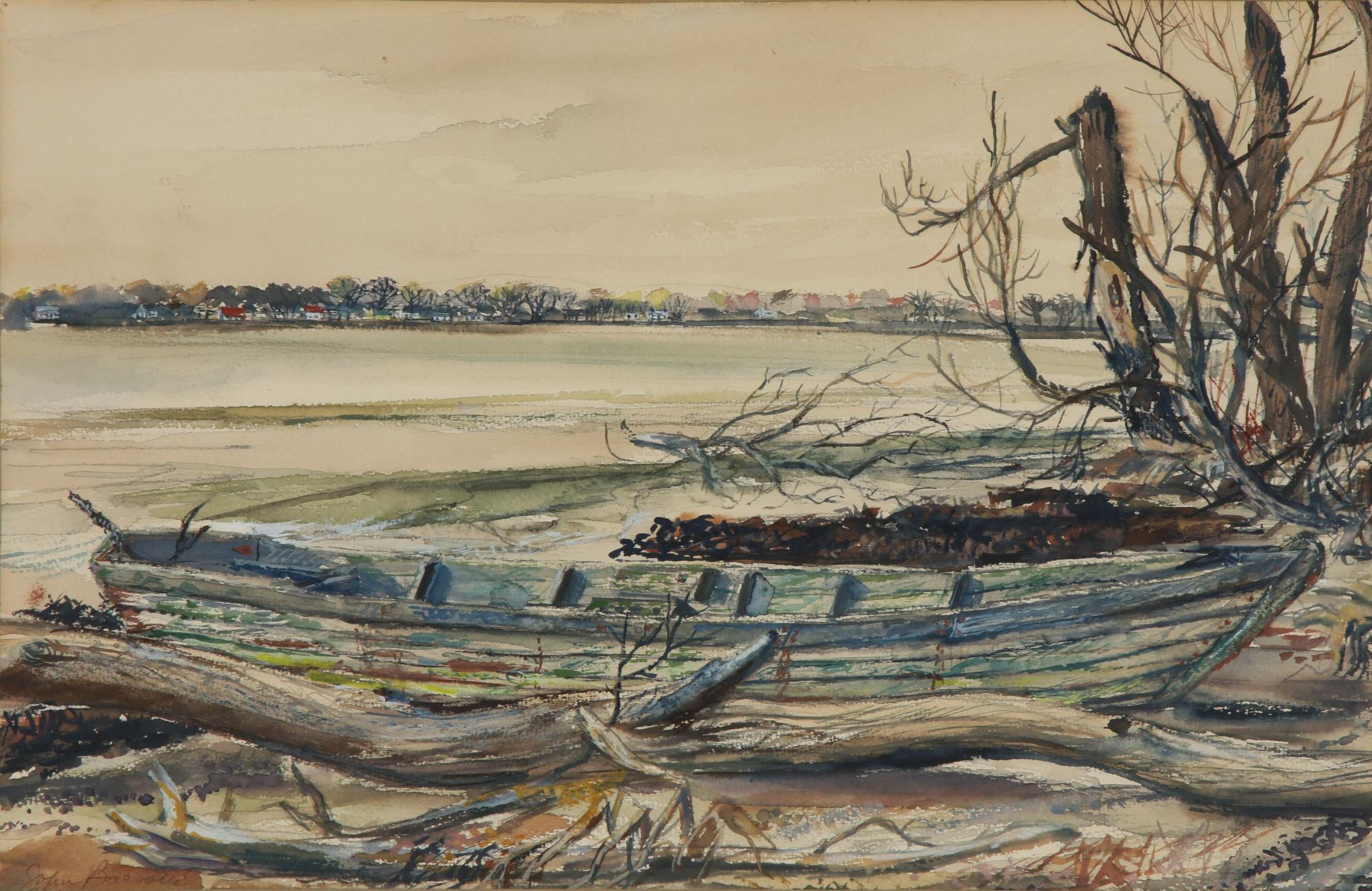 John Barsotti Watercolor and Gouache Painting of Lake Shore Landscape with Boat