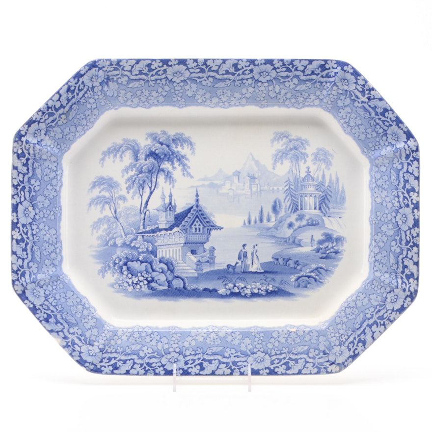 English Blue Transferware Platter with Orientalist Scene, Late 19th Century