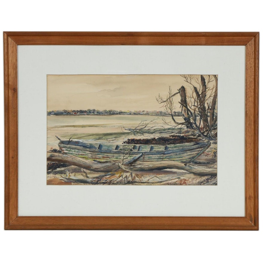 John Barsotti Watercolor and Gouache Painting of Lake Shore Landscape with Boat