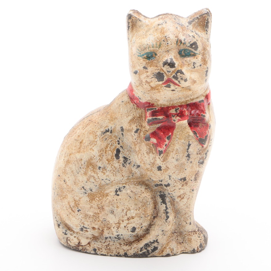 Blue-Eyed Sitting Cat with Red Bow Cast Iron Still Bank