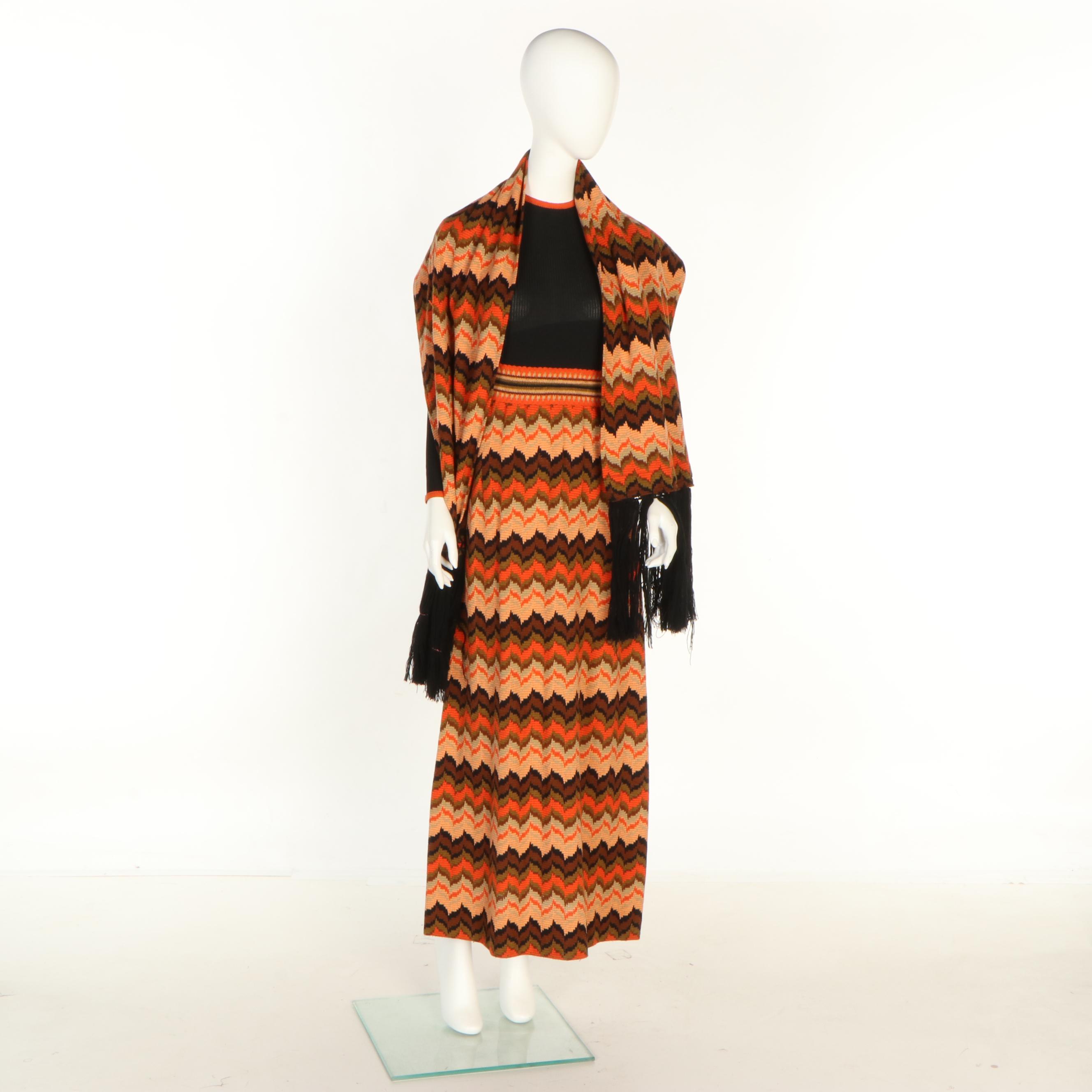Saks Fifth Avenue Flame Stitch Wool Blend Knit Dress and Wrap, 1960s Vintage