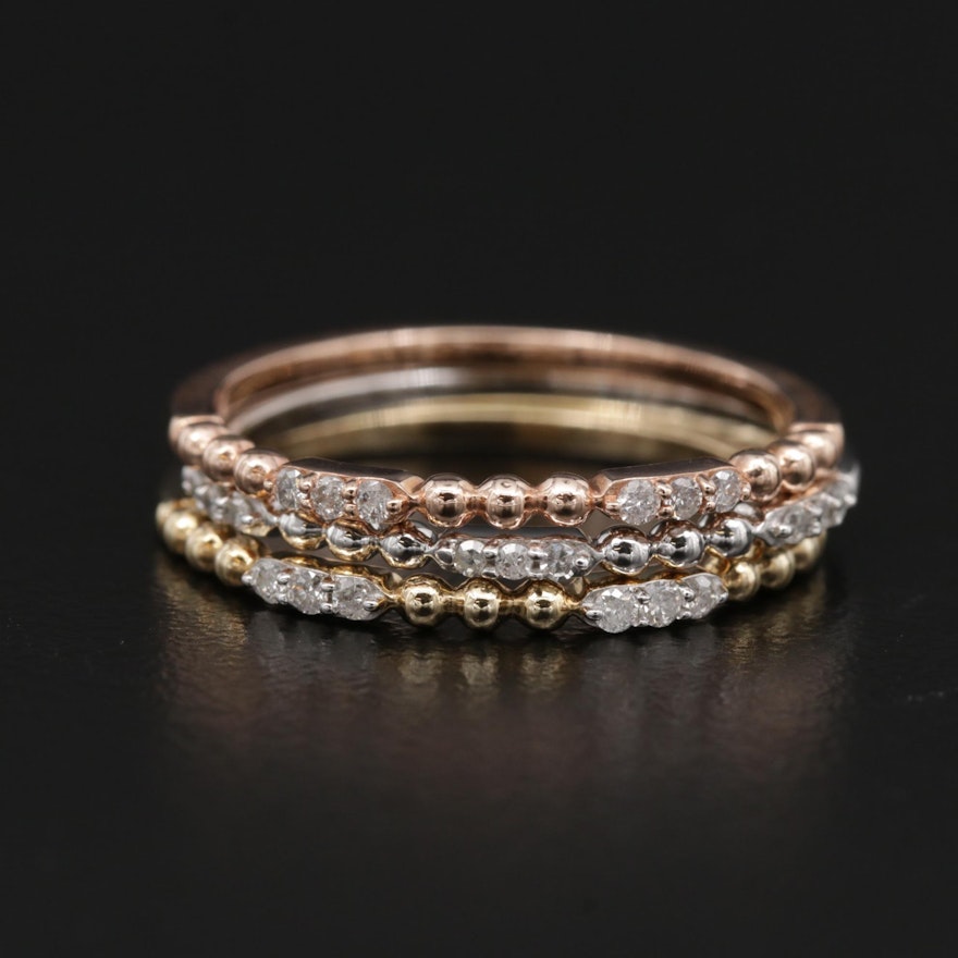 10K Tri-Color Gold Diamond Stacking Rings