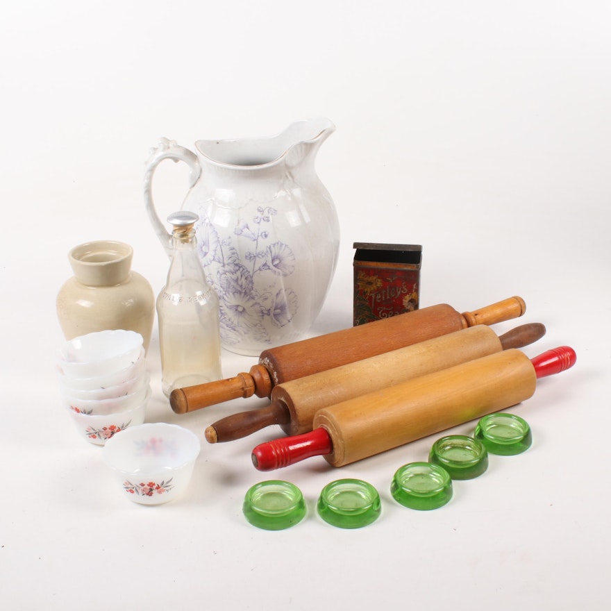 Wooden Rolling Pins, Ironstone Pitcher and Other Kitchenalia