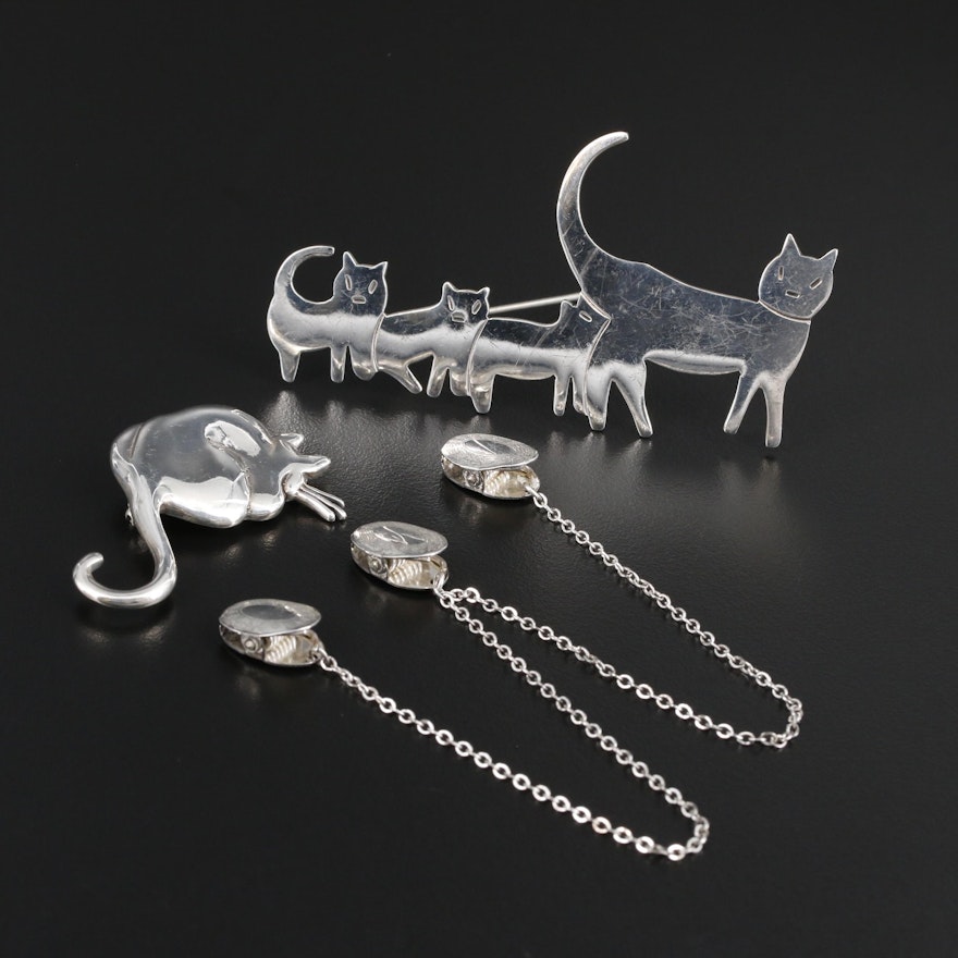 Sterling Silver Feline Brooches and Lingerie Clips