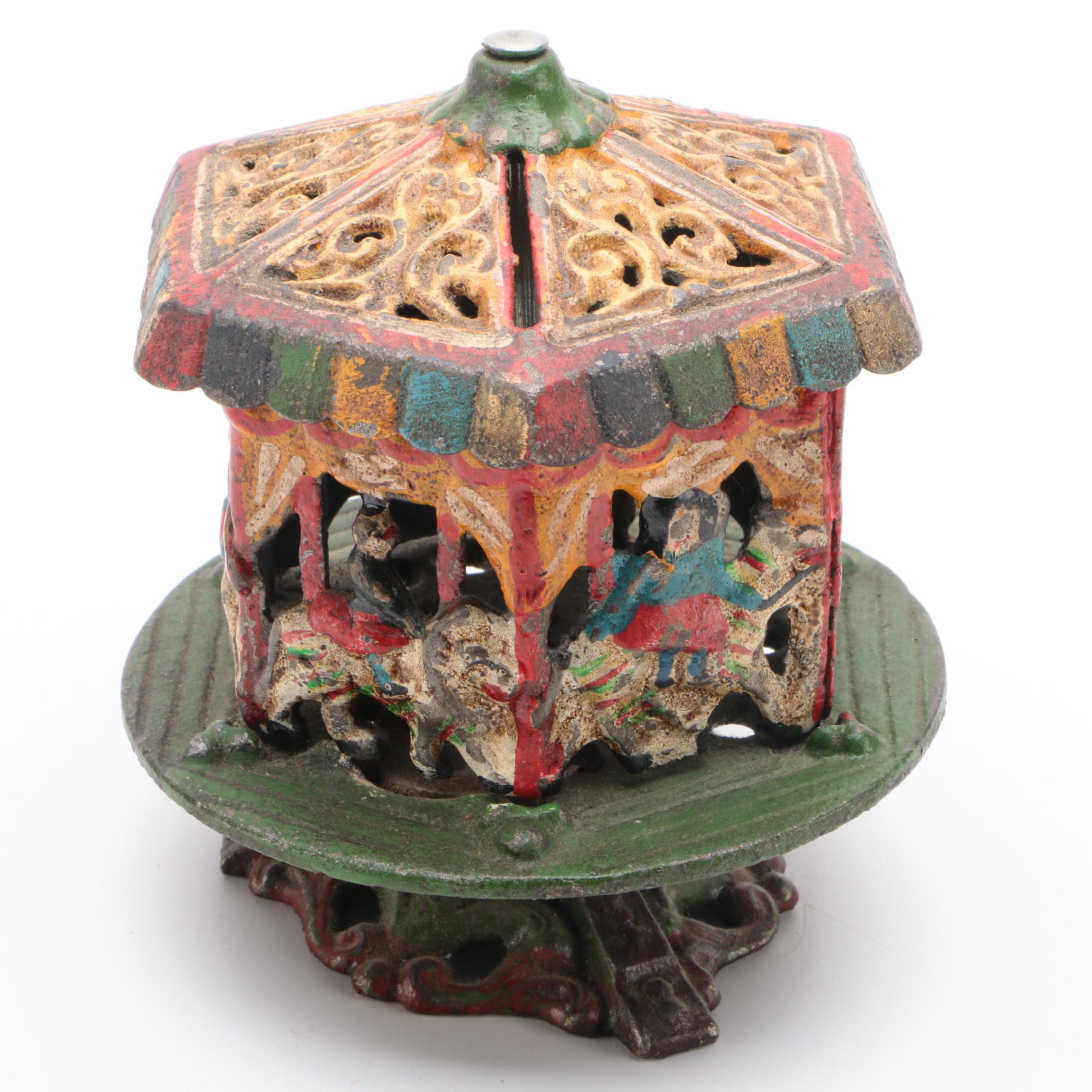 Carousel Merry-Go-Round Cast Iron Still Bank, 20th Century