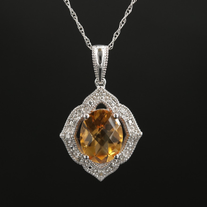 14K Gold Citrine and Diamond Pendant Necklace