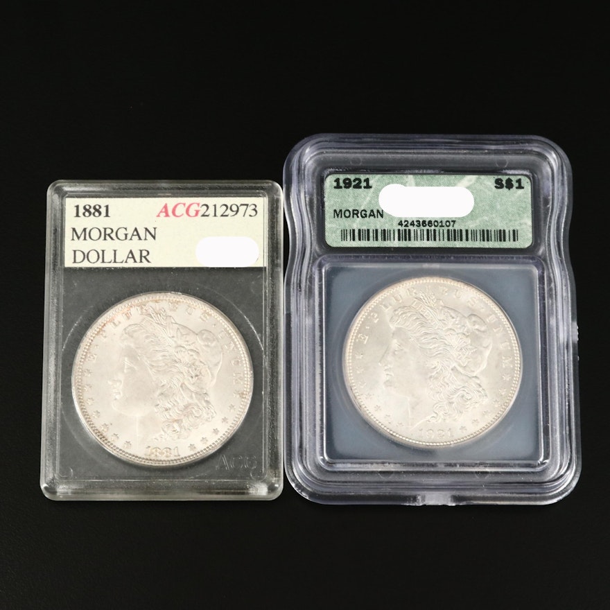 1881 Morgan Silver Dollar and ICG Graded MS64 1921 Morgan Silver Dollar
