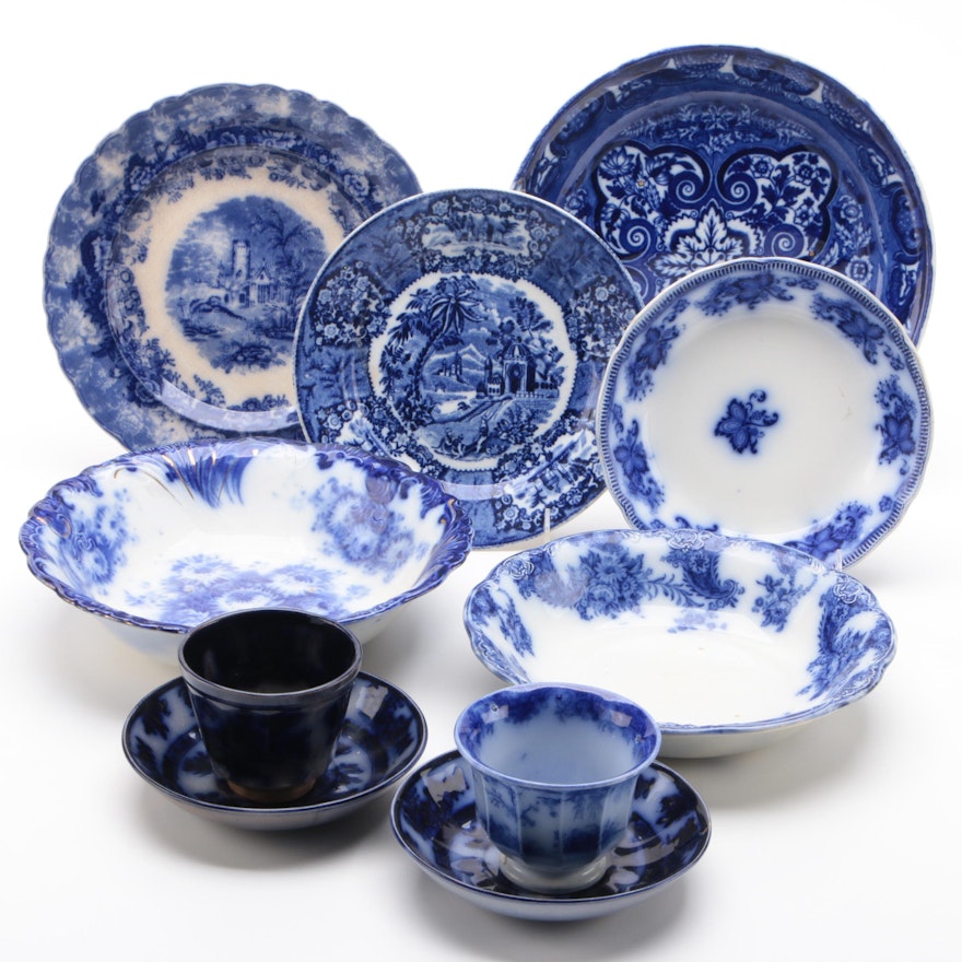 English Flow Blue Dinnerware Including Johnson Bros "Princeton"