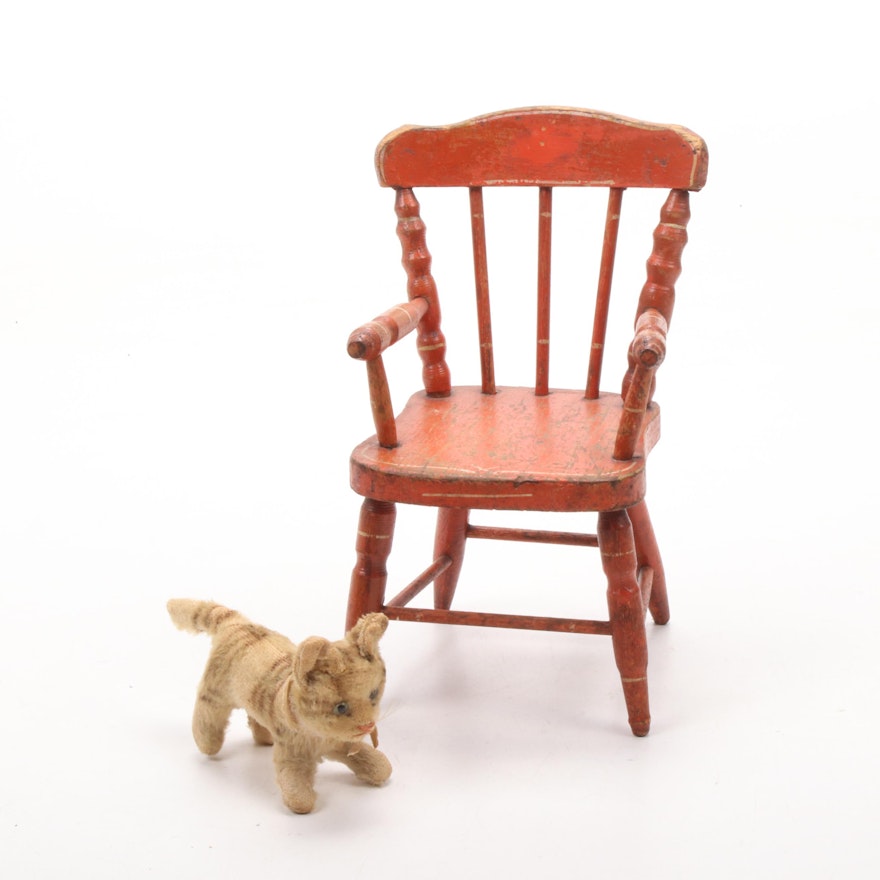Hand-Crafted Miniature Armchair Dated 1877 with Mohair Cat