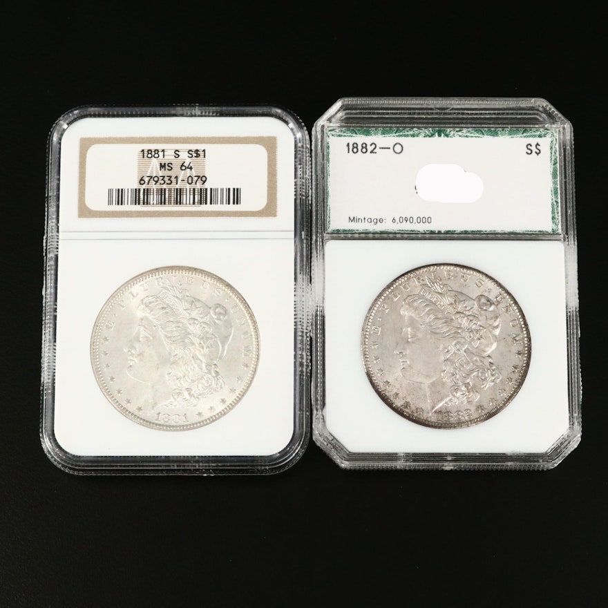 1882-O Morgan Silver Dollar and NGC Graded MS64 1881-S Morgan Silver Dollar