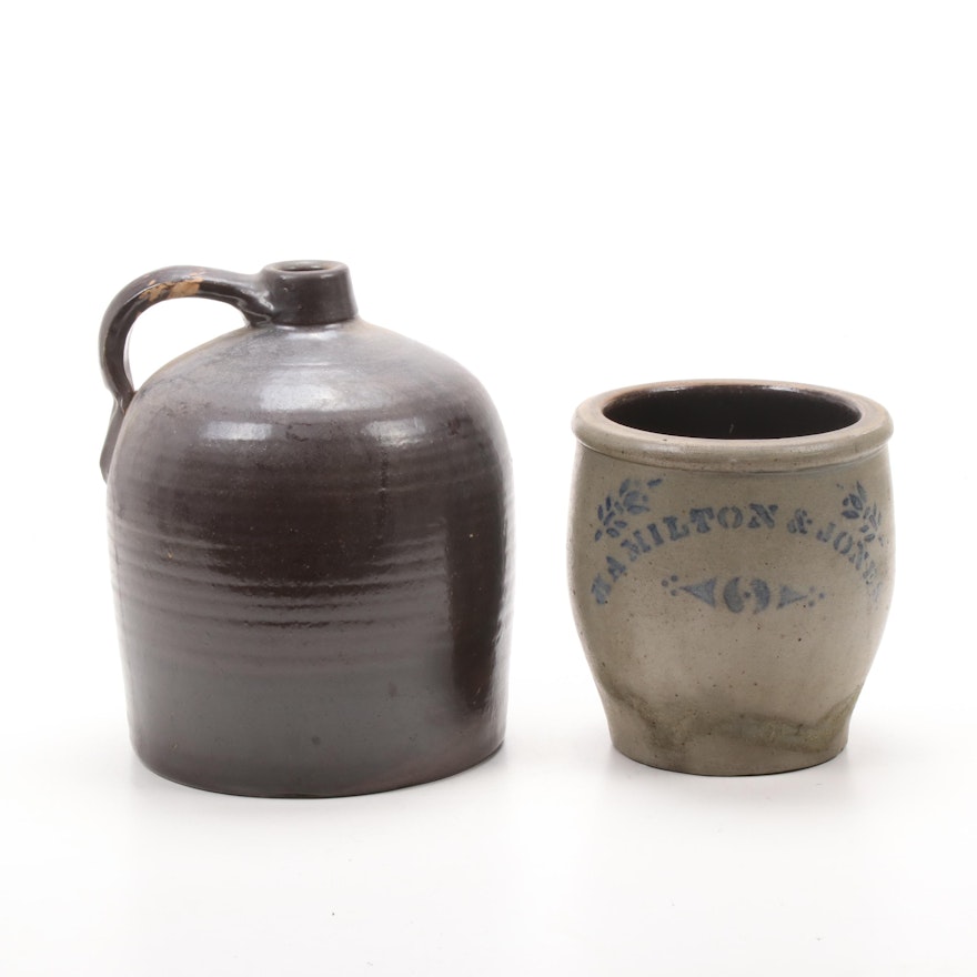 Earthenware and Stoneware Jug and Hamilton Jones Crock, Vintage