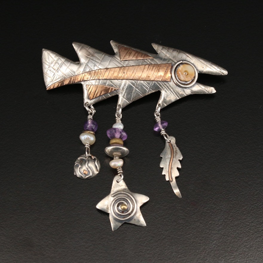 Sterling Pearl, Amethyst and Coral Fish Motif Brooch