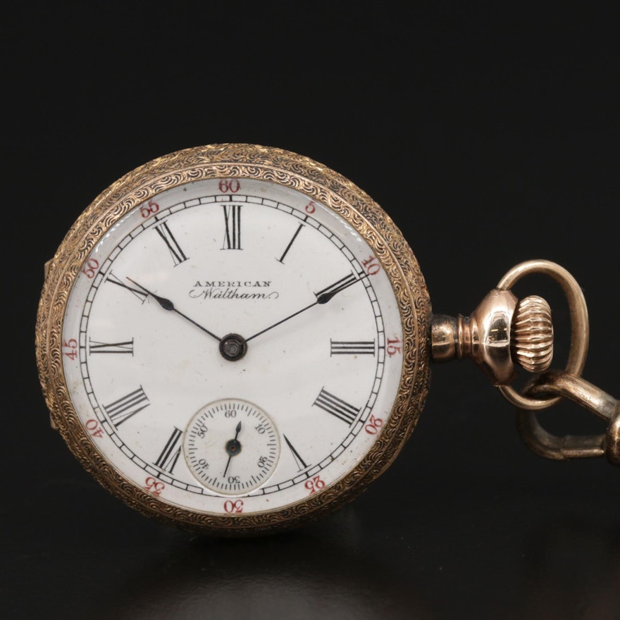 1896 American Waltham Open Face Pocket Watch with Gold Filled Fob Chain
