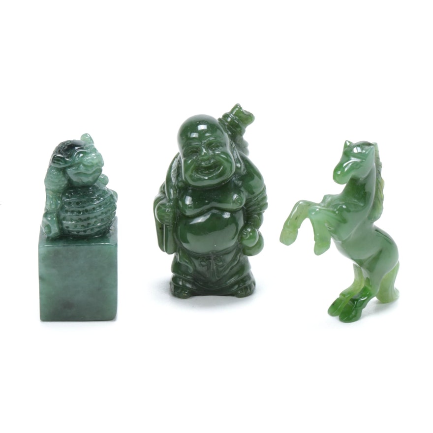 Chinese Carved Nephrite Buddha and Animal Figurines