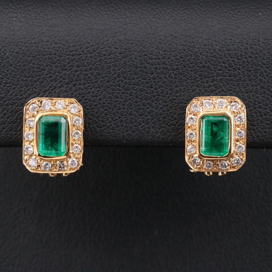 18K Yellow Gold Emerald and Diamond Earrings