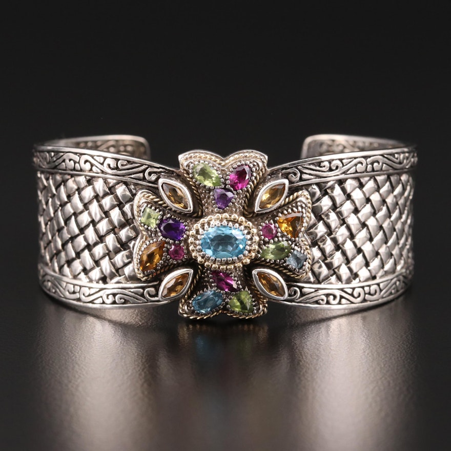 EFFY Sterling Topaz, Peridot and Amethyst Floral Weaved Cuff with 18K Accent