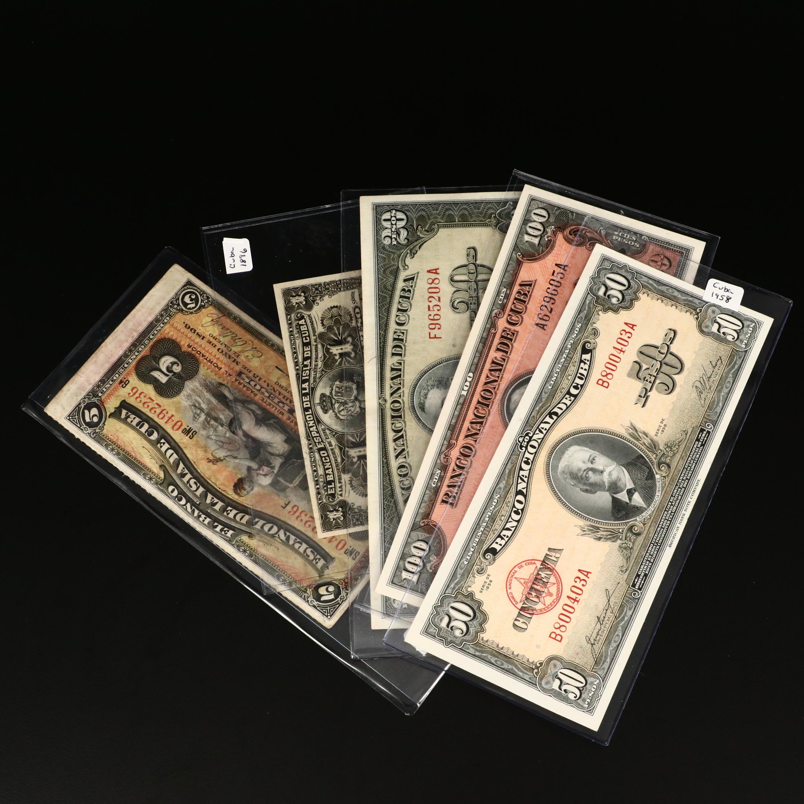 Five Early Cuban Banknotes, 1896 to 1959