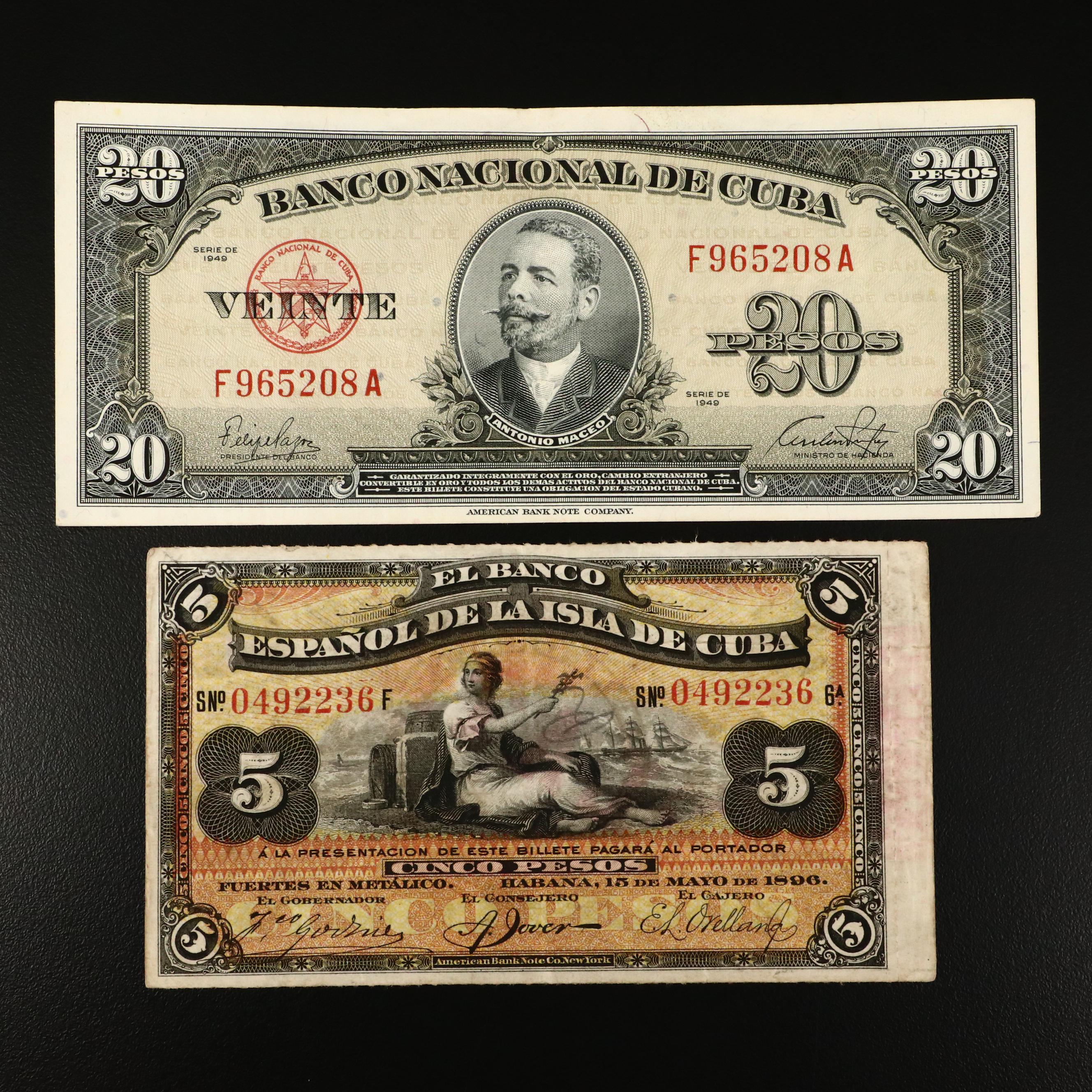 Five Early Cuban Banknotes, 1896 to 1959