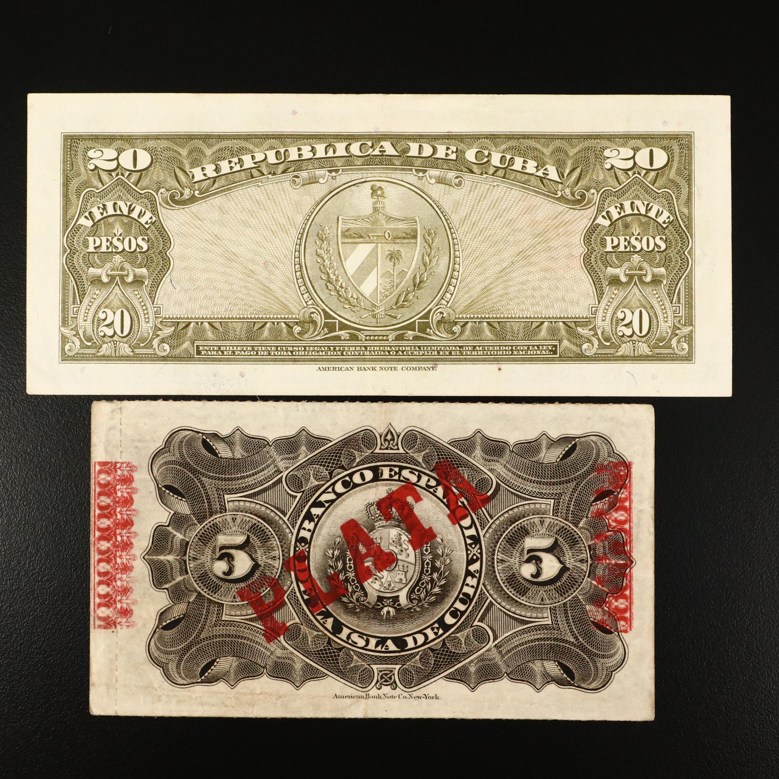 Five Early Cuban Banknotes, 1896 to 1959