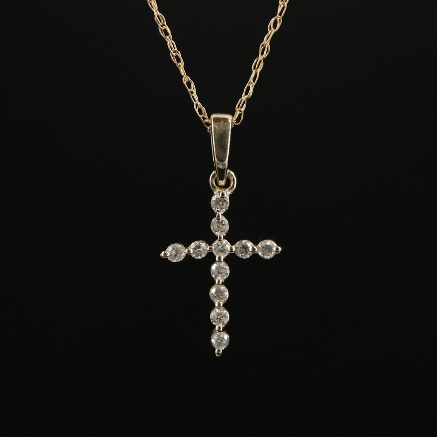 14K Yellow Gold Diamond Cross Pendant Necklace