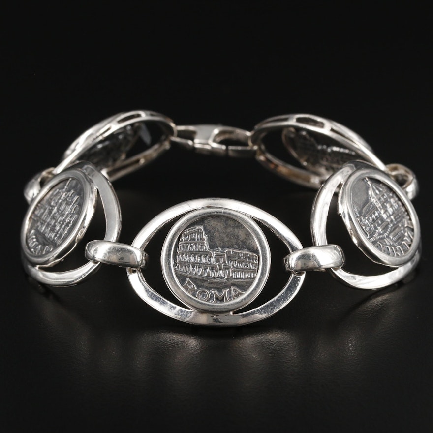 Italian Commemorative Token Bracelet With Sterling Silver Frame