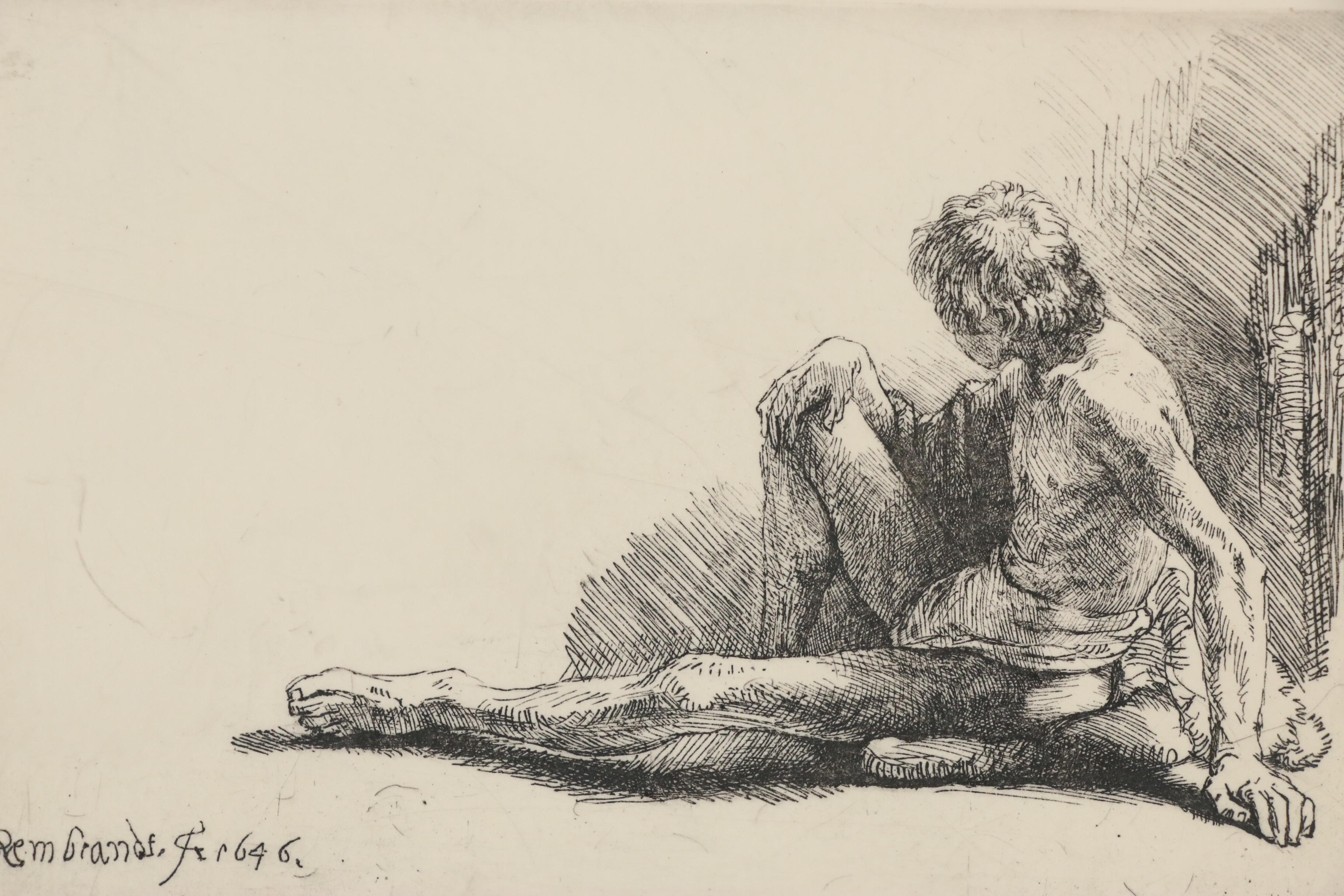 Etching after Rembrandt of Seated Male Nude, 20th Century