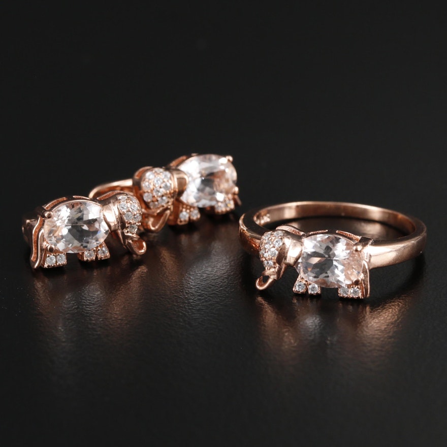 Sterling Silver Morganite and Cubic Zirconia Elephant Ring and Earrings