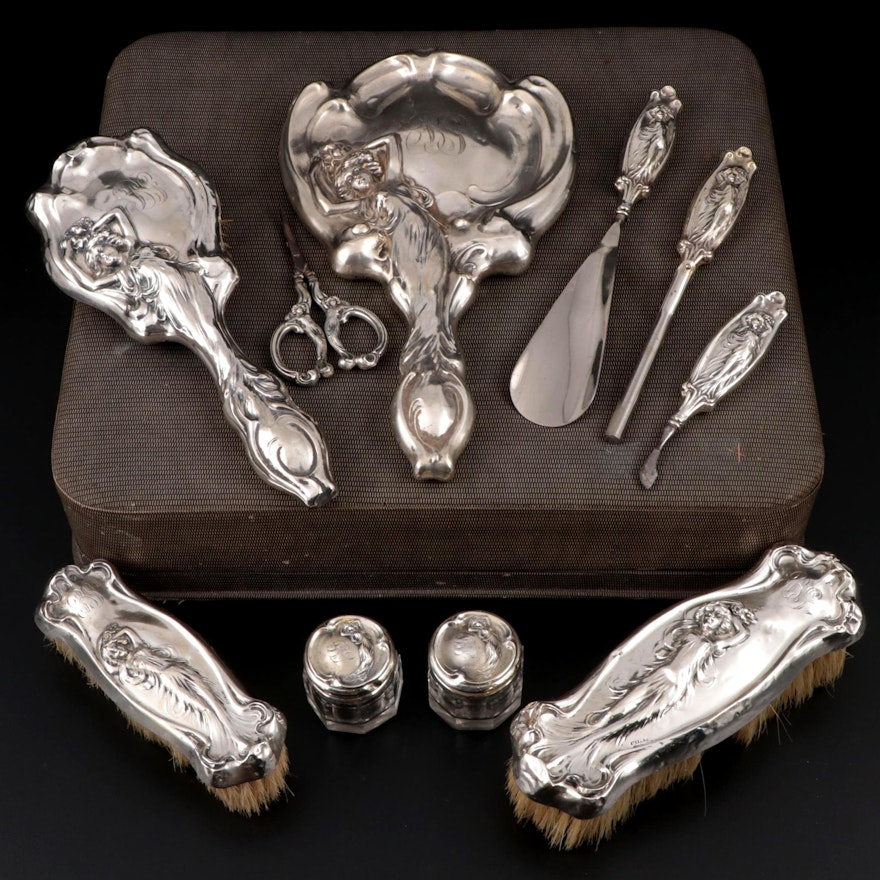 American Art Nouveau Sterling Silver Vanity Items with Presentation Case