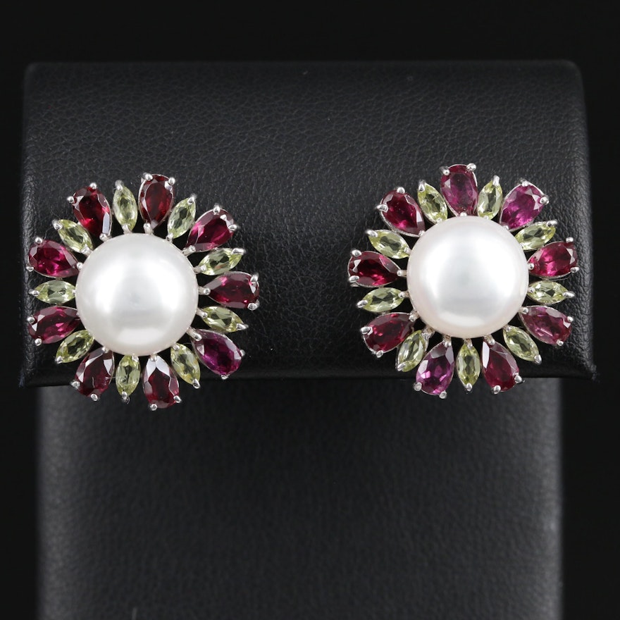 Sterling Silver Cultured Pearl, Peridot, and Garnet Earrings